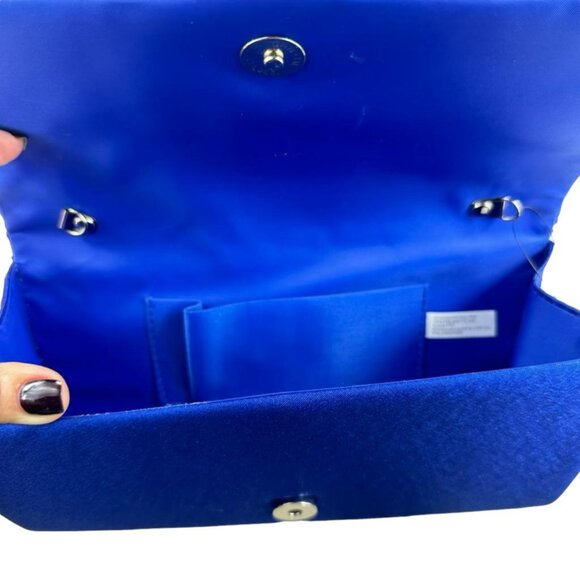 Royal Blue Ruched Satin Detail Flap Square Shiny Clutch Women's Bag Elegant - Picture 7 of 11